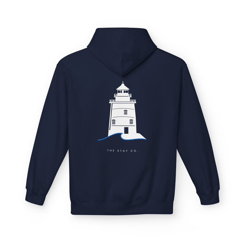 Adult- "Old Saybrook" (Front) Old Saybrook Light House (Back) - White Writing Hoodie