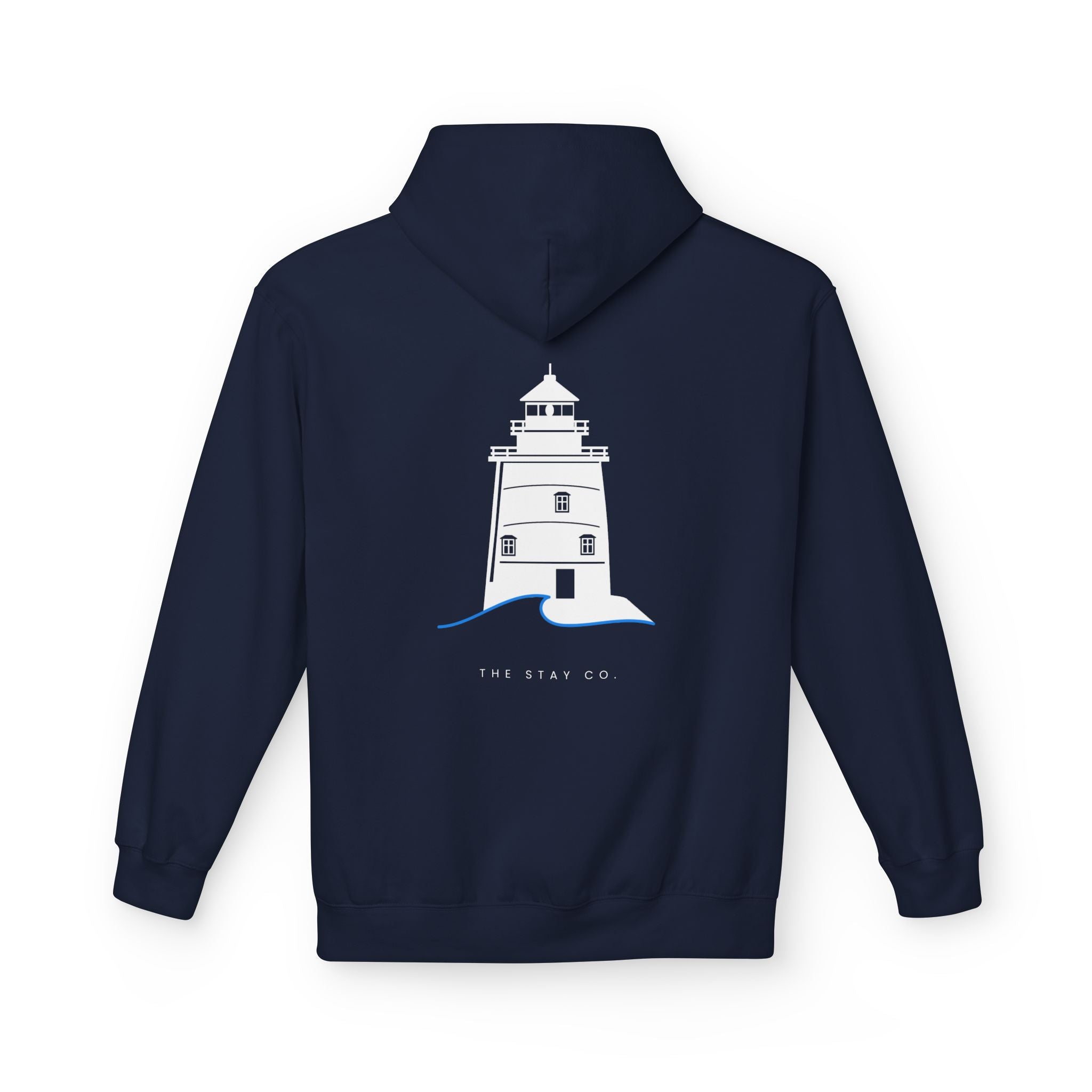 Adult- "Old Saybrook" (Front) Old Saybrook Light House (Back) - White Writing Hoodie