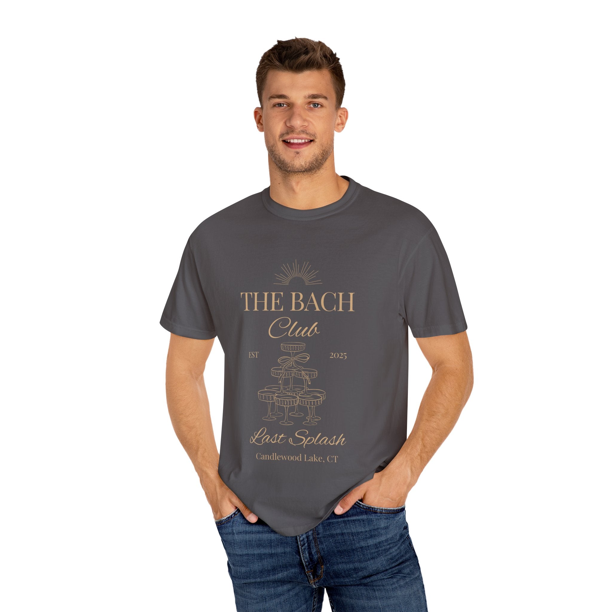 Matching "The Bach Club-Last Splash- Candlewood Lake" -In Beige Writing- Choose a Color Shirt- Perfect for Bachelorette and Wedding Parties- Unisex Vacation Top, Sailor Humor Apparel