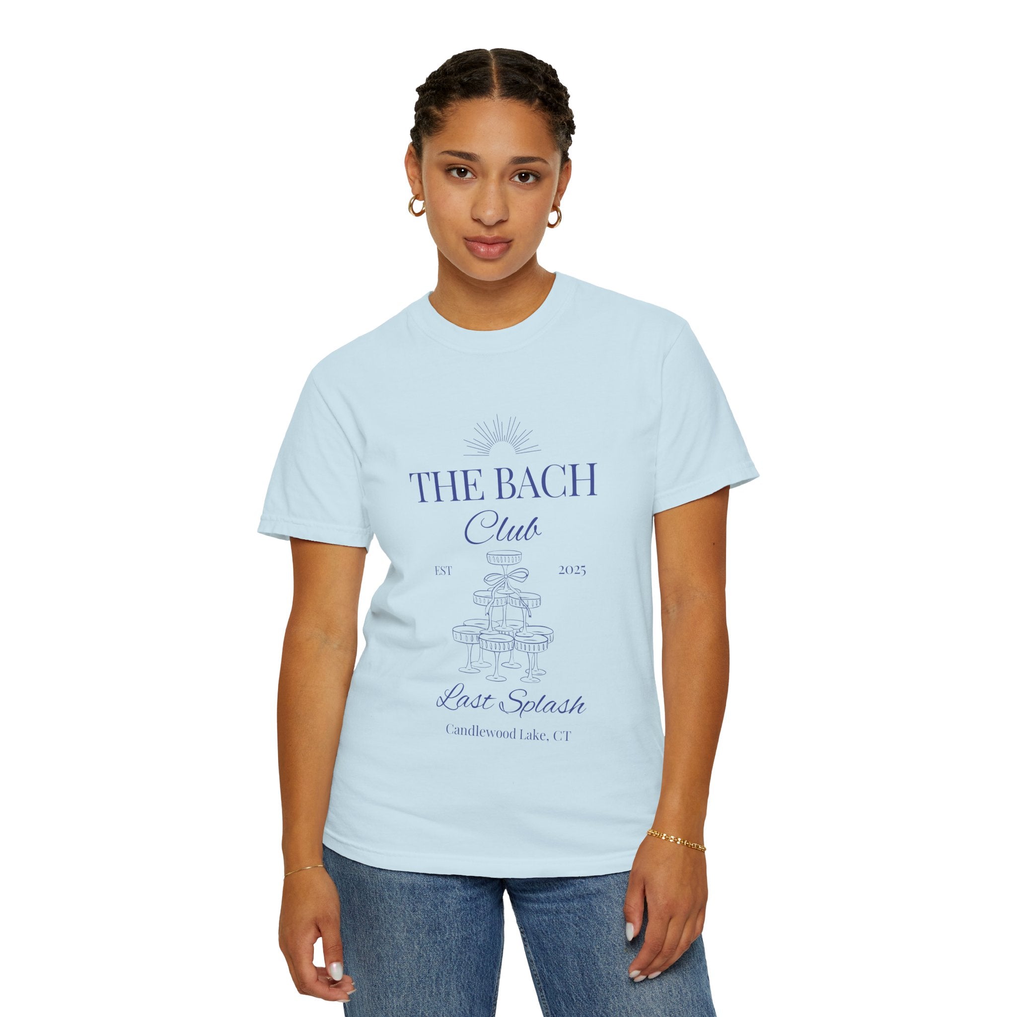 Matching "The Bach Club -Last Splash- Candlewood Lake" -T-Shirt in Blue Writing-Choose a Color-  Perfect for Bachelorette and Wedding Parties- Unisex Vacation Top, Sailor Humor Apparel