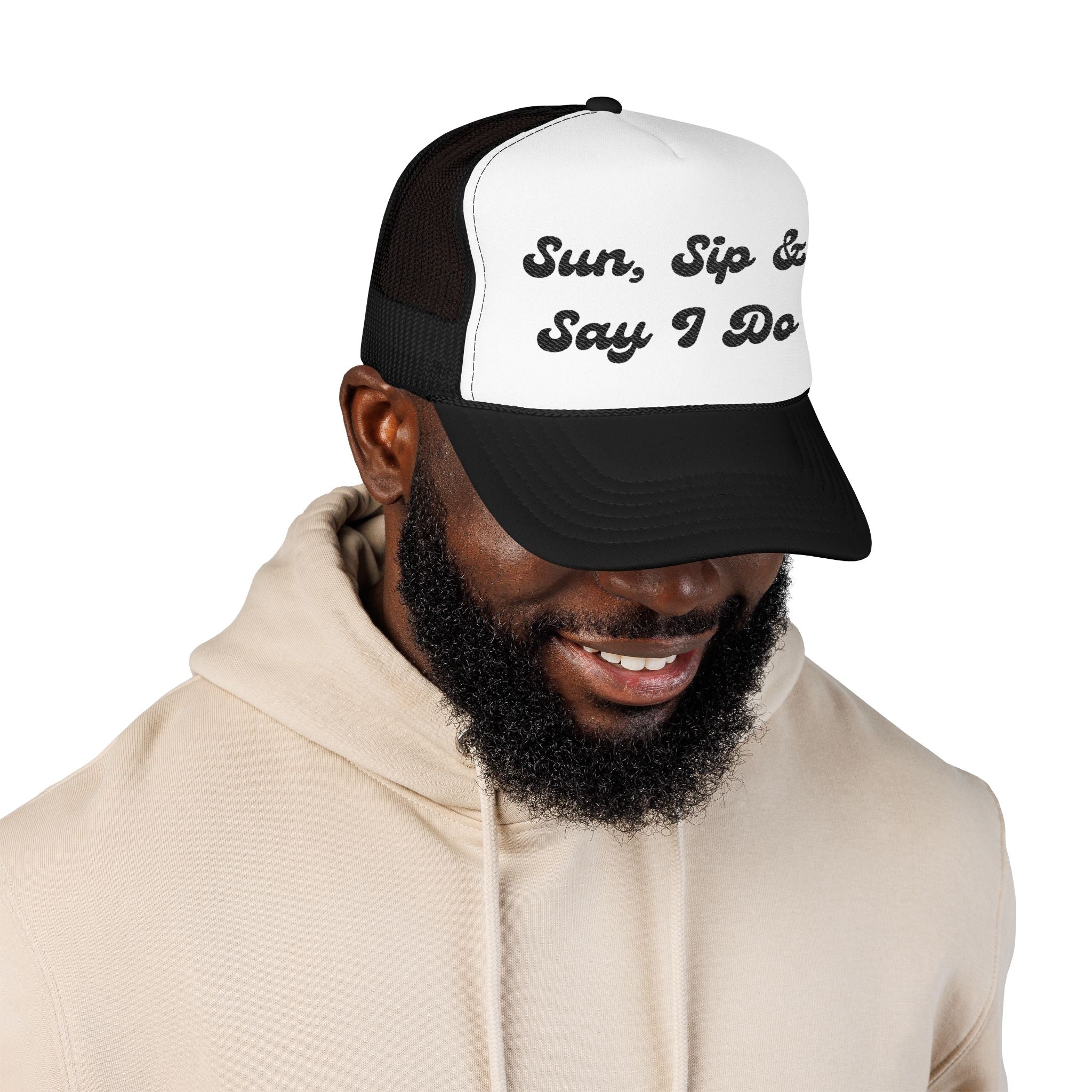 "Sun, Sip & Say I Do"- Foam Trucker Hat, Embroidered Cap, BBQ Hat, Perfect Gift for Grilling Enthusiasts, Summer BBQ Accessory, Fun Party Hat