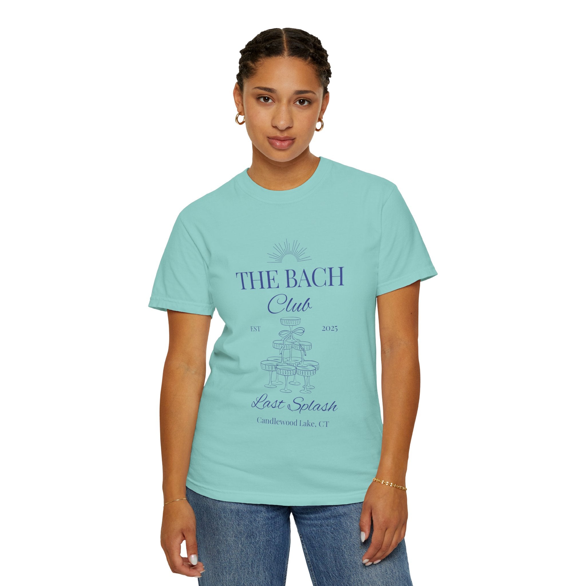 Matching "The Bach Club -Last Splash- Candlewood Lake" -T-Shirt in Blue Writing-Choose a Color-  Perfect for Bachelorette and Wedding Parties- Unisex Vacation Top, Sailor Humor Apparel