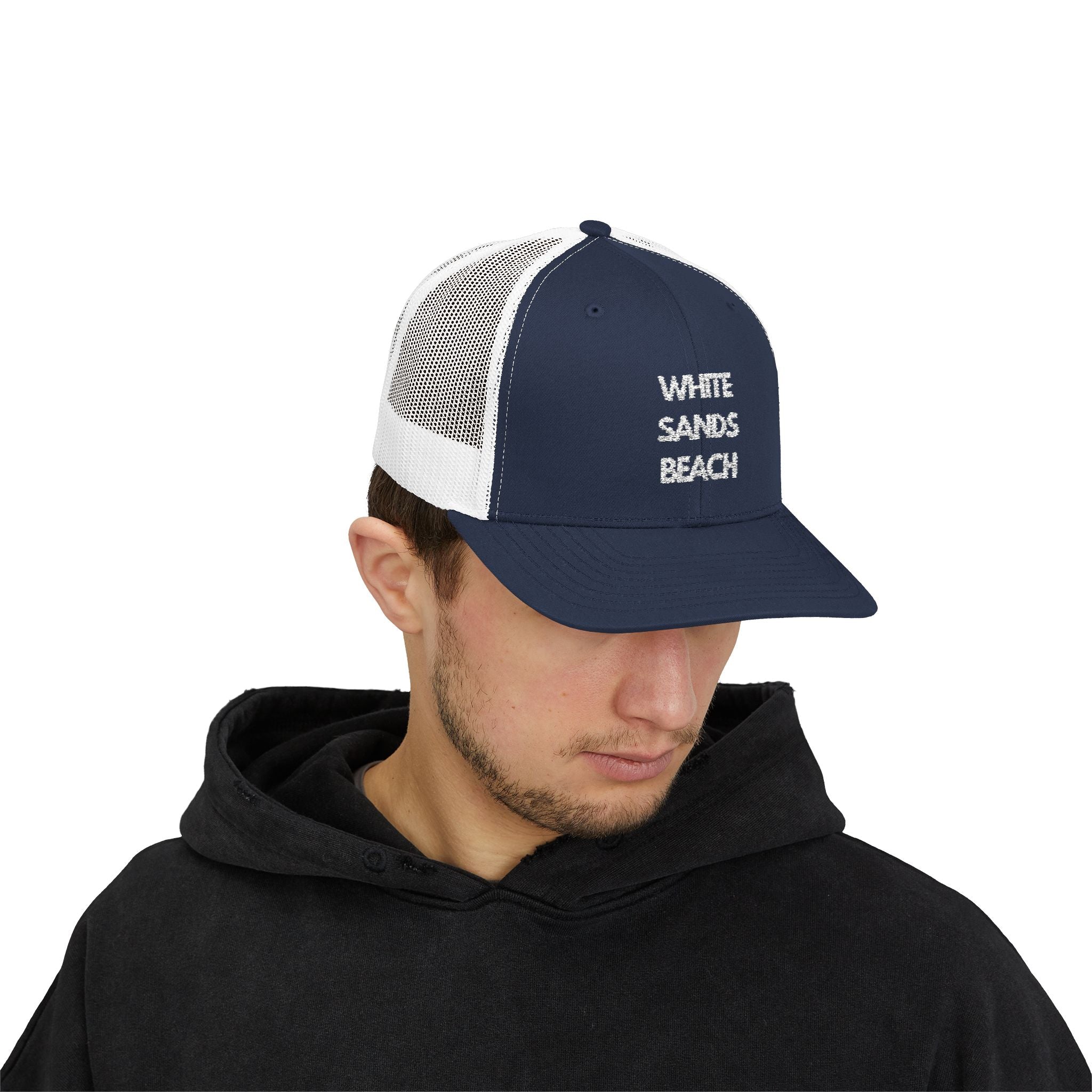 "White Sands Beach" - Snapback Trucker Cap - Perfect for Summer, Vacation, or Outdoor Events, Casual Style, Unisex Accessories, Gift Idea