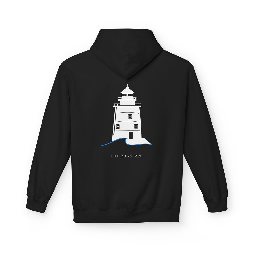 Adult- "Old Saybrook" (Front) Old Saybrook Light House (Back) - White Writing Hoodie
