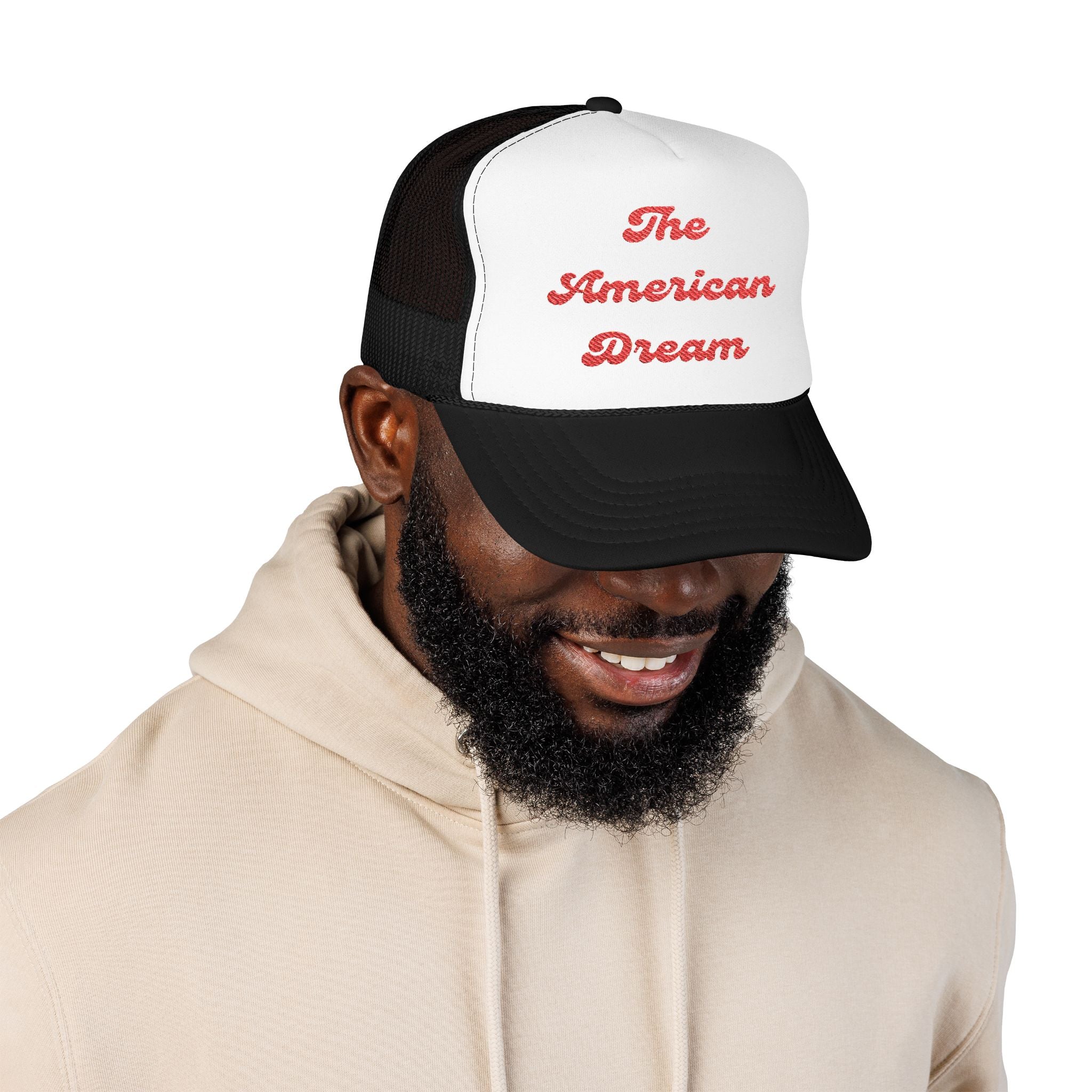"The American Dream"- Foam Trucker Hat, Embroidered Cap, BBQ Hat, Perfect Gift for Grilling Enthusiasts, Summer BBQ Accessory, Fun Party Hat