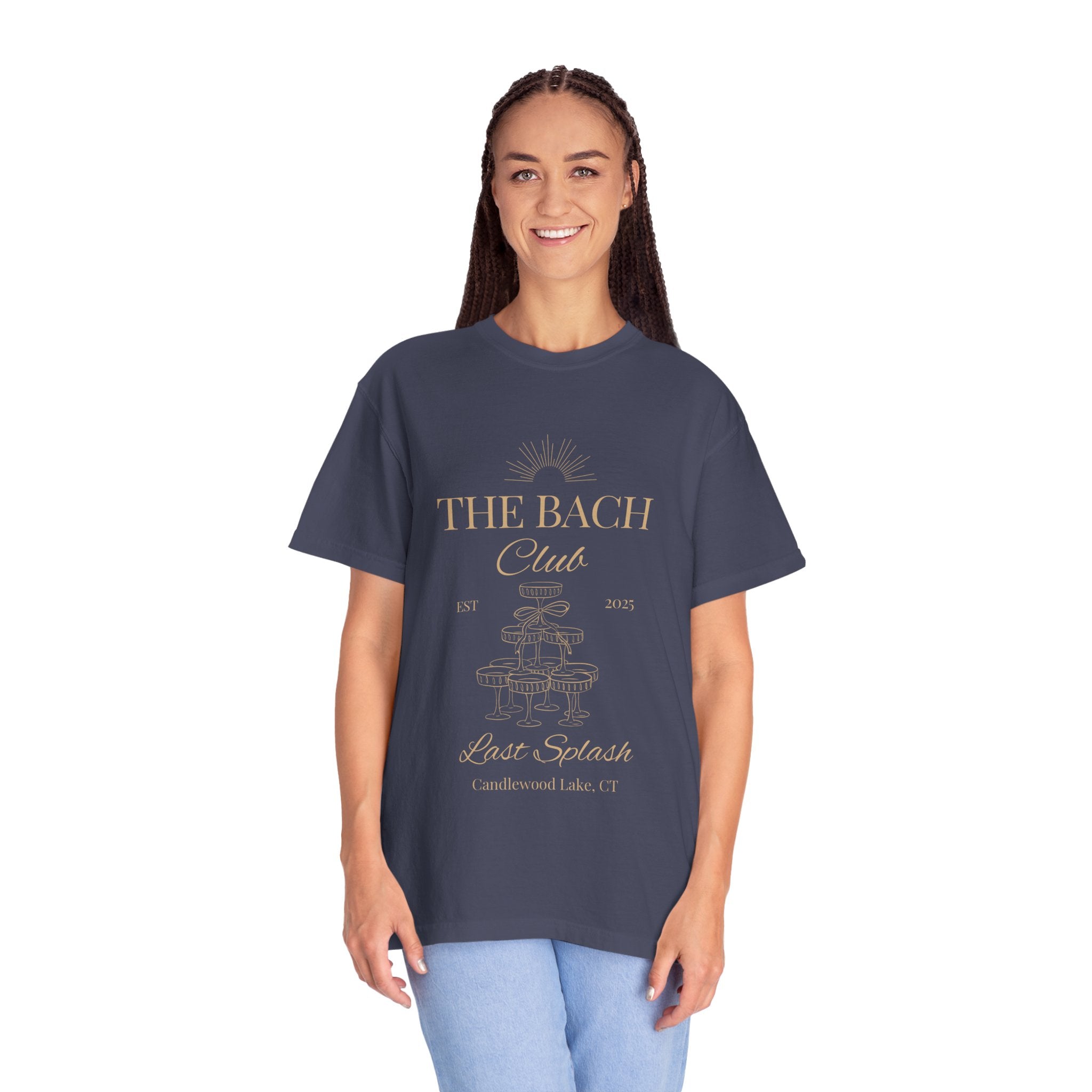 Matching "The Bach Club-Last Splash- Candlewood Lake" -In Beige Writing- Choose a Color Shirt- Perfect for Bachelorette and Wedding Parties- Unisex Vacation Top, Sailor Humor Apparel