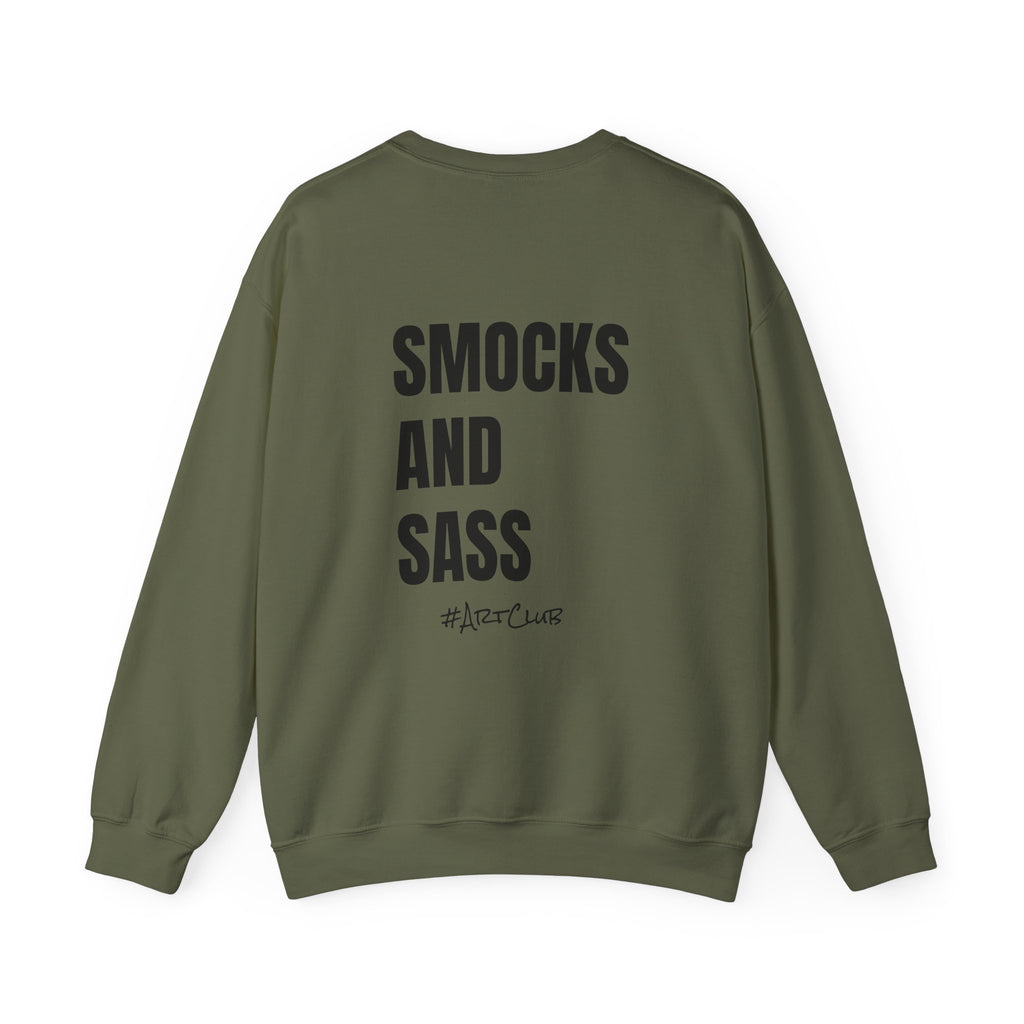 Adult- Art Teacher Crew Neck "Creativity Is Contagious" (Front)- "Smocks And Sass #ArtClub" (Back) -Crewneck Sweatshirt, Cozy Fall Apparel, Unisex Gift, Casual Style, September Vibes, Seasonal Fashion