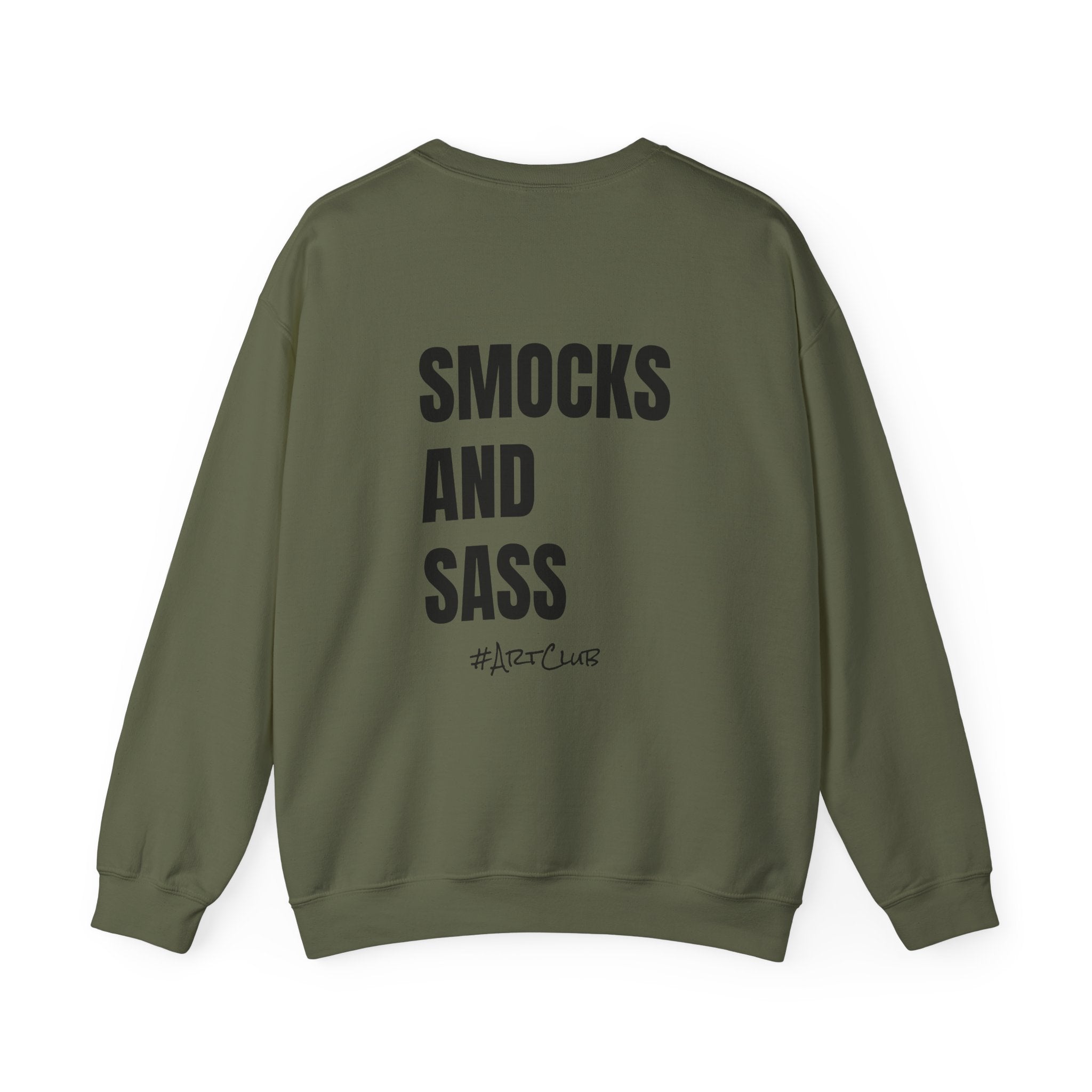 Adult- Art Teacher Crew Neck "Creativity Is Contagious" (Front)- "Smocks And Sass #ArtClub" (Back) -Crewneck Sweatshirt, Cozy Fall Apparel, Unisex Gift, Casual Style, September Vibes, Seasonal Fashion