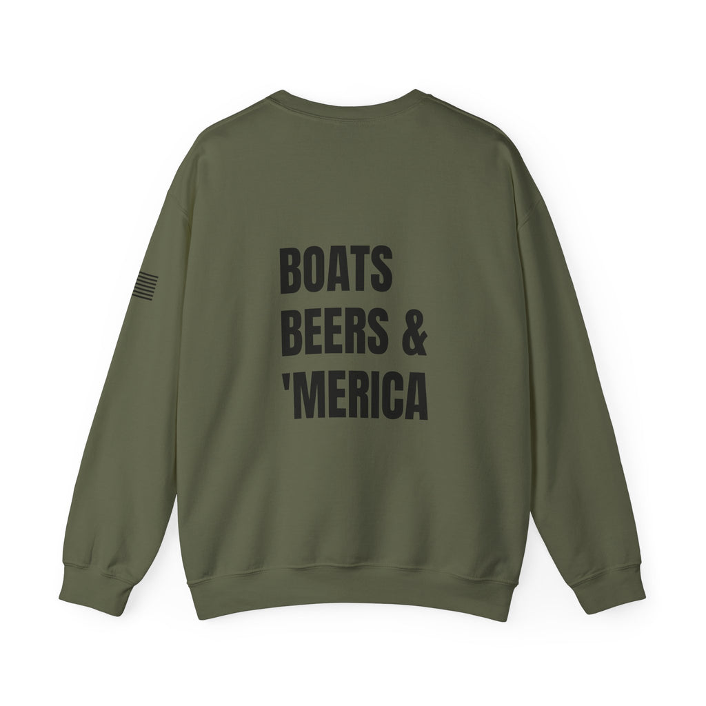 Adult- "'Merica" (Front) "Boats Beers & America" (Back)- Unisex Crewneck Sweatshirt, Fourth of July, Summer Boat Days