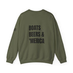 Adult- "'Merica" (Front) "Boats Beers & America" (Back)- Unisex Crewneck Sweatshirt, Fourth of July, Summer Boat Days