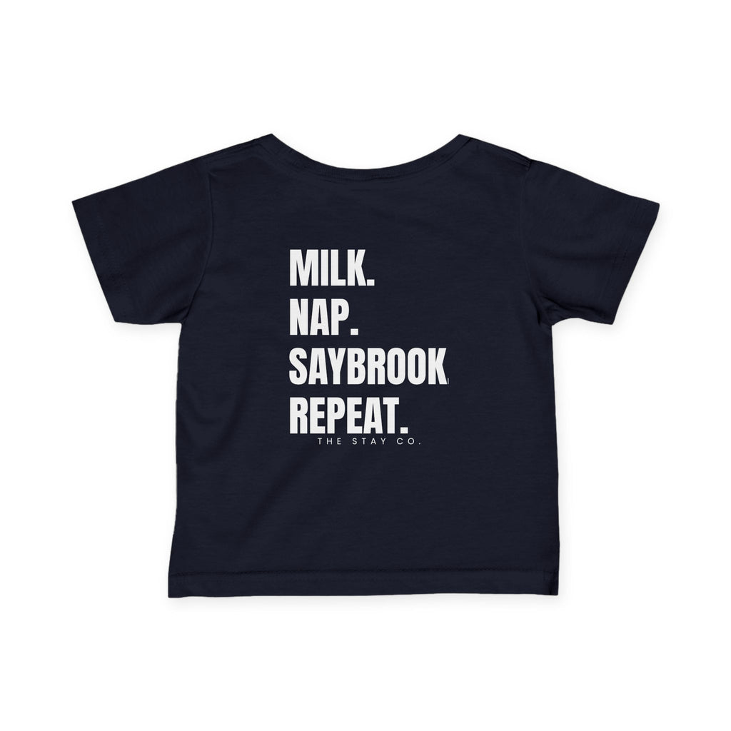 Infant (6M-24M)- Saybrook Manor Association Logo On Front  "MILK. NAP. SAYBROOK. REPEAT." (Back) in White Writing