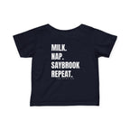 Infant (6M-24M)- Saybrook Manor Association Logo On Front  "MILK. NAP. SAYBROOK. REPEAT." (Back) in White Writing