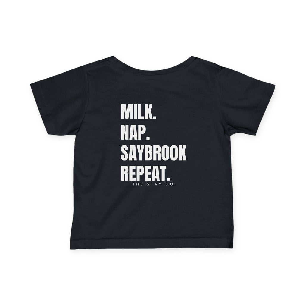 Infant (6M-24M)- Saybrook Manor Association Logo On Front  "MILK. NAP. SAYBROOK. REPEAT." (Back) in White Writing