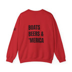 Adult- "'Merica" (Front) "Boats Beers & America" (Back)- Unisex Crewneck Sweatshirt, Fourth of July, Summer Boat Days
