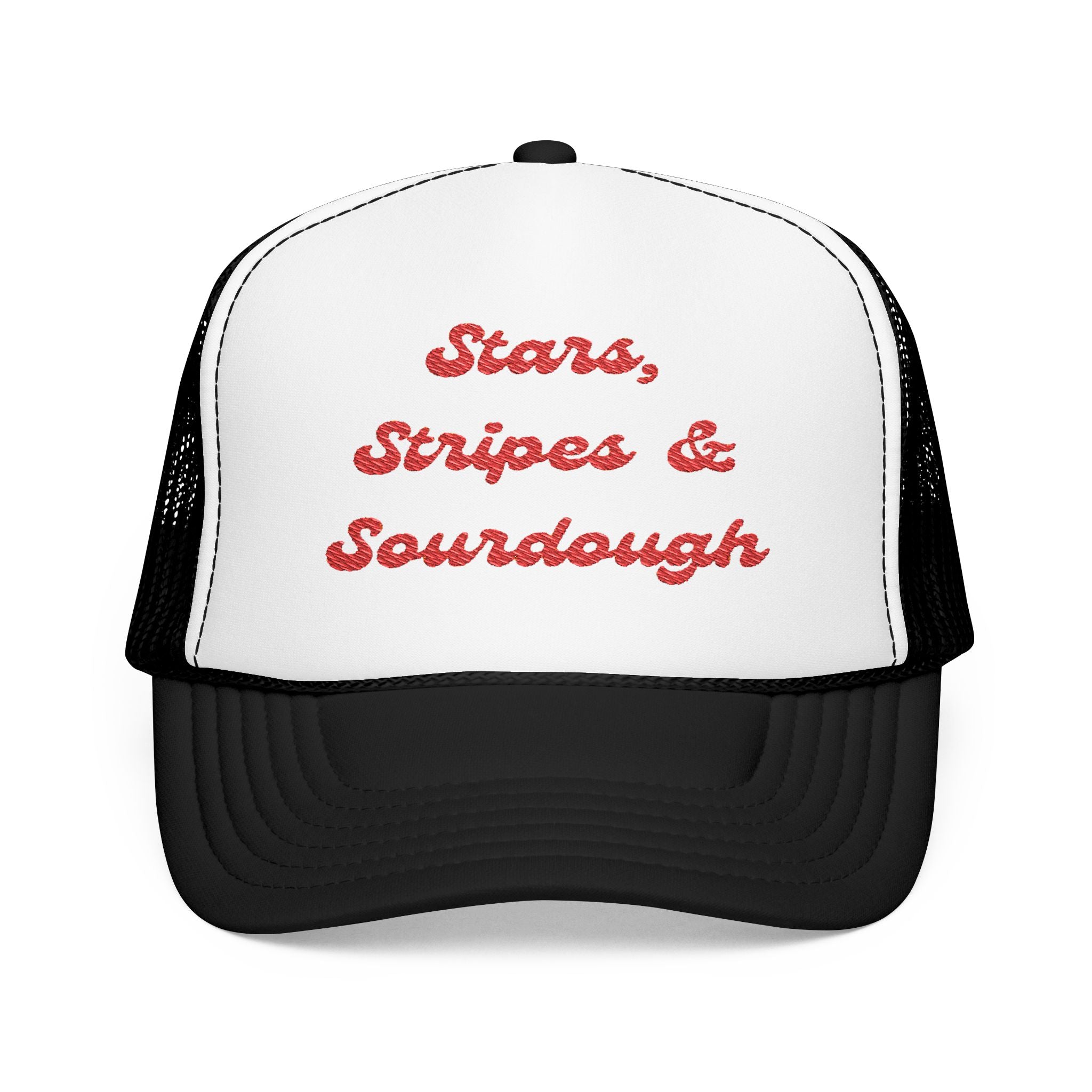 "Stars, Stripes & Sourdough"- Foam Trucker Hat, Embroidered Cap, BBQ Hat, Perfect Gift for Grilling Enthusiasts, Summer BBQ Accessory, Fun Party Hat