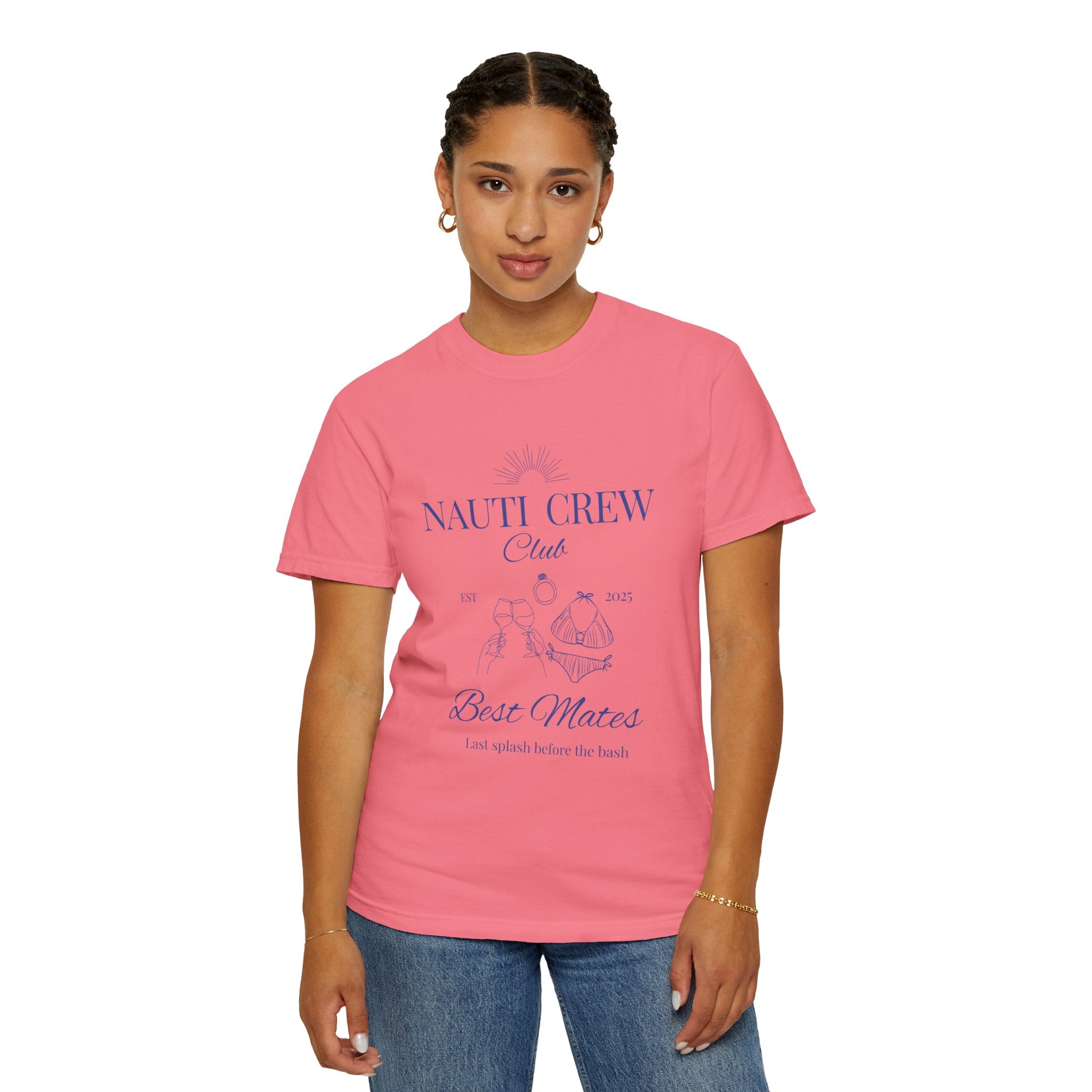Matching shirt- "Nauti Crew-Best Mates" T-shirt, Unisex Garment-Dyed Tee for Bachelorette and Wedding Parties by the Lake-Perfect for Summer Vacations, Boating Trips, Family Gatherings
