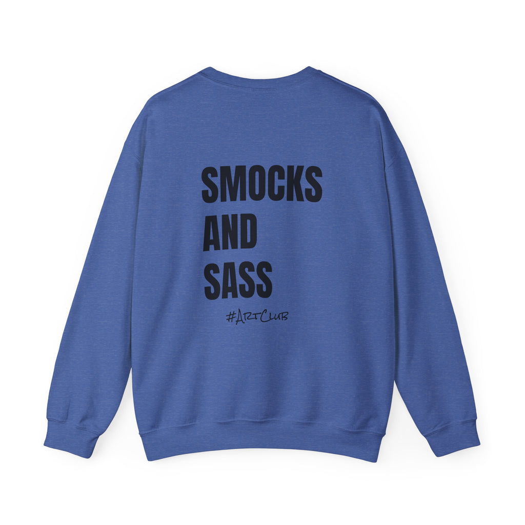 Adult- Art Teacher Crew Neck "Creativity Is Contagious" (Front)- "Smocks And Sass #ArtClub" (Back) -Crewneck Sweatshirt, Cozy Fall Apparel, Unisex Gift, Casual Style, September Vibes, Seasonal Fashion