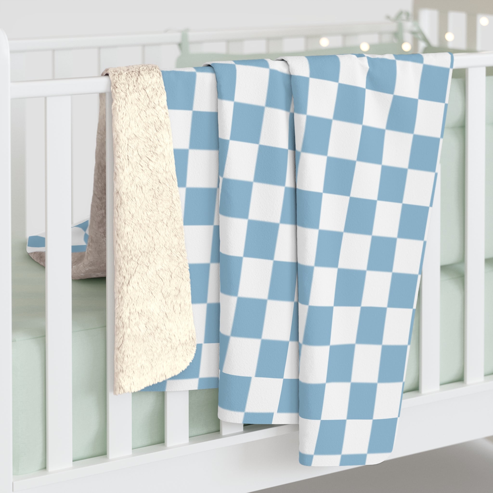 Cozy Lake House Sherpa Fleece Blanket- "Candlewood Lake, CT"-Blue Checkered- Soft Throw for Home, Perfect for Gift, Ocean Decor, Summer Vibes, Checkered Design
