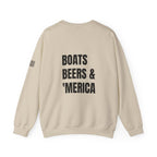 Adult- "'Merica" (Front) "Boats Beers & America" (Back)- Unisex Crewneck Sweatshirt, Fourth of July, Summer Boat Days