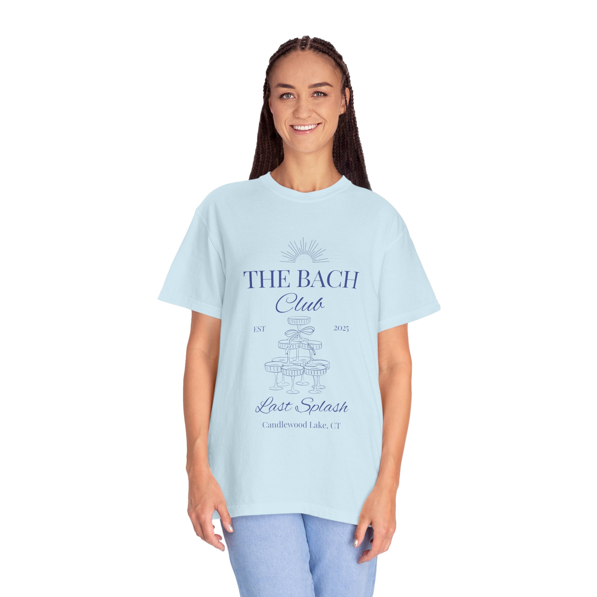 Matching "The Bach Club -Last Splash- Candlewood Lake" -T-Shirt in Blue Writing-Choose a Color-  Perfect for Bachelorette and Wedding Parties- Unisex Vacation Top, Sailor Humor Apparel