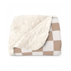 Cozy Lake House Sherpa Fleece Blanket- "Candlewood Lake, CT"-Beige Checkered- Soft Throw for Home, Perfect for Gift, Ocean Decor, Summer Vibes, Checkered Design
