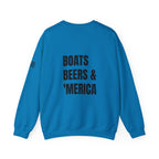 Adult- "'Merica" (Front) "Boats Beers & America" (Back)- Unisex Crewneck Sweatshirt, Fourth of July, Summer Boat Days