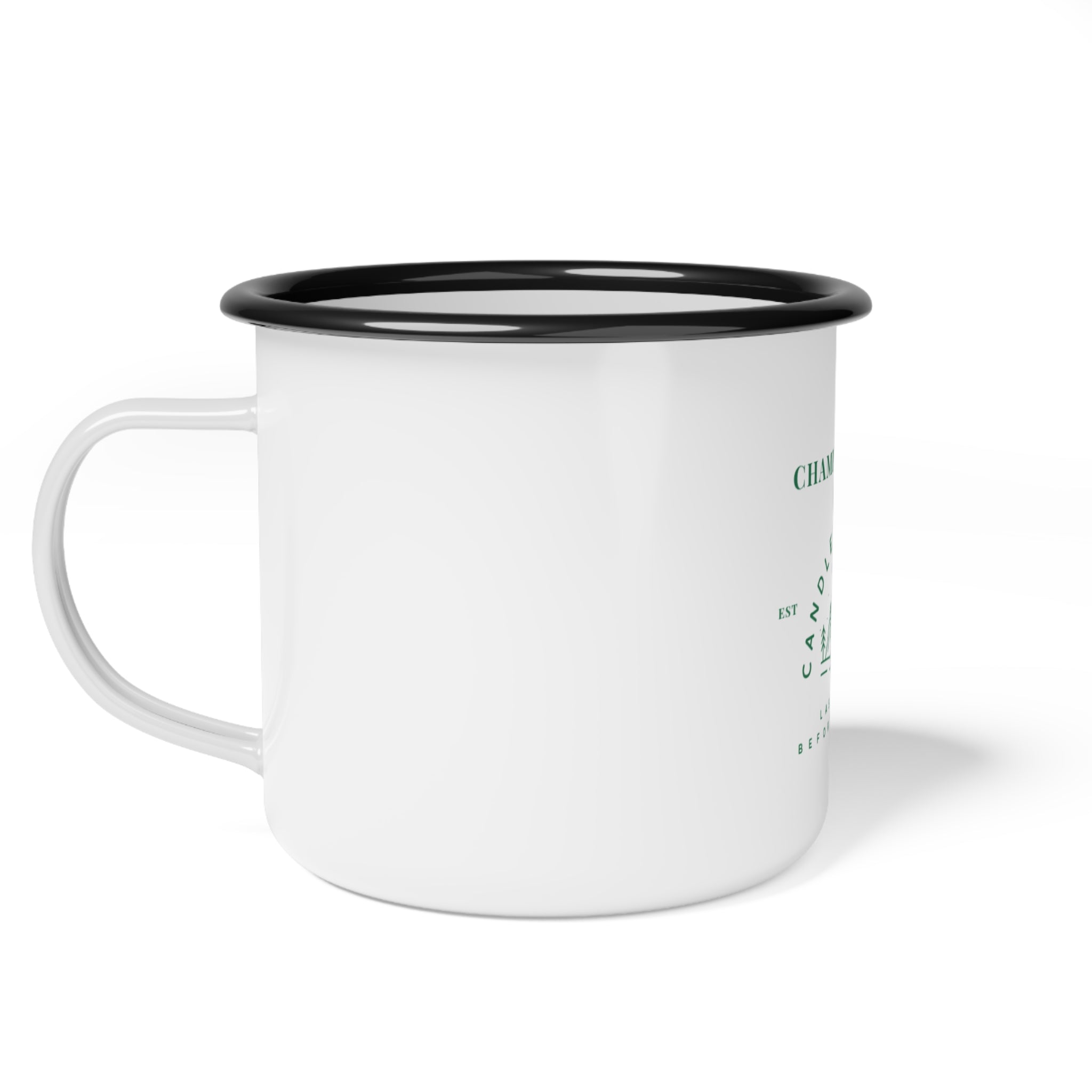 “Champs & Camps” in green -Camping Enamel Mug, Vintage Camp Cup, Outdoor Adventure Drinkware, Gift for Nature Lovers, Hiking Coffee Mug, Cozy Campfire Essentials