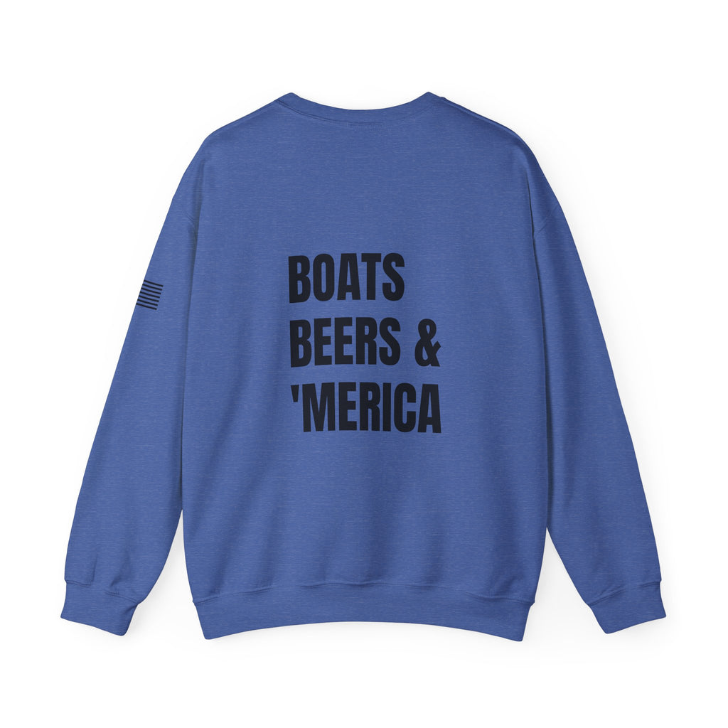 Adult- "'Merica" (Front) "Boats Beers & America" (Back)- Unisex Crewneck Sweatshirt, Fourth of July, Summer Boat Days