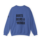 Adult- "'Merica" (Front) "Boats Beers & America" (Back)- Unisex Crewneck Sweatshirt, Fourth of July, Summer Boat Days