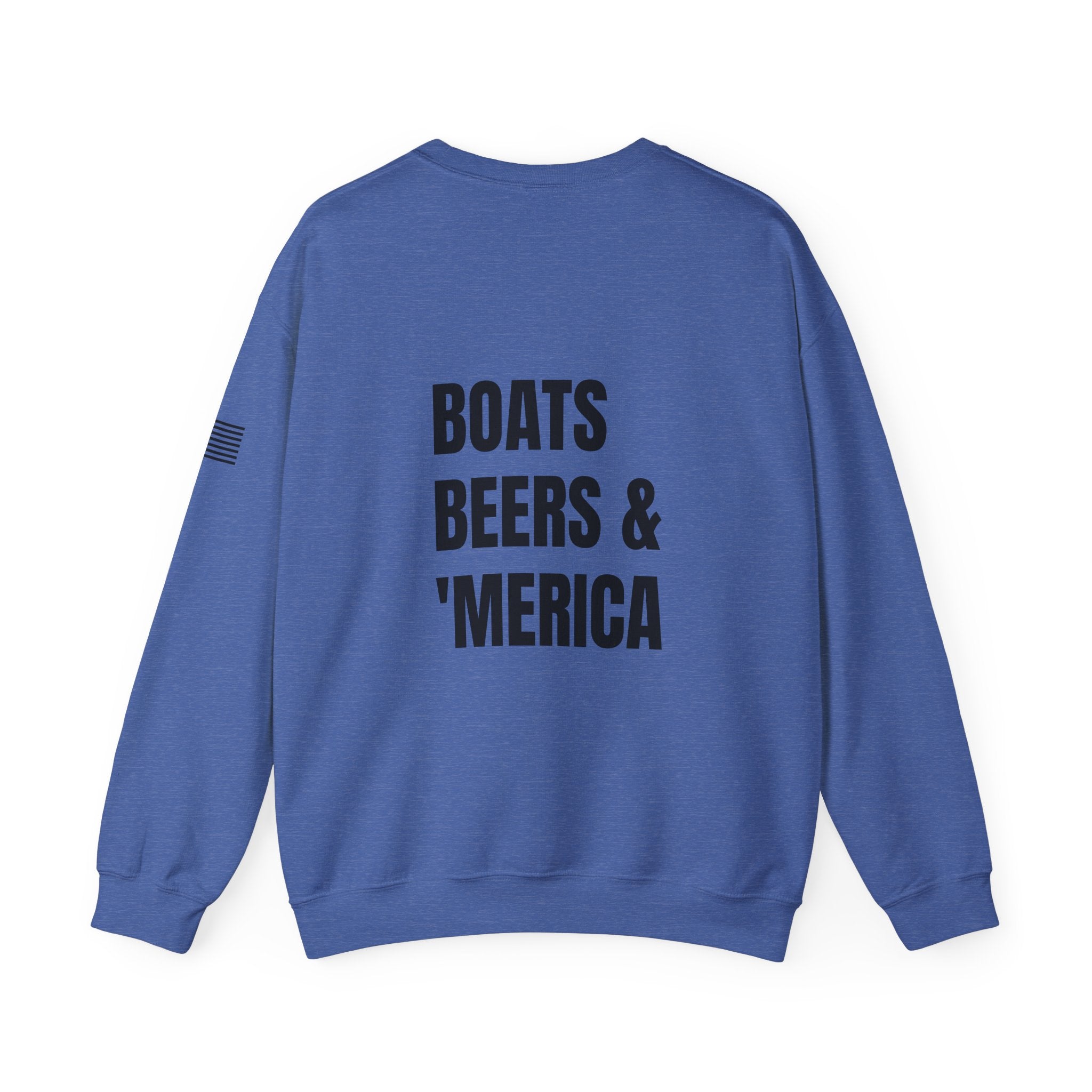 Adult- "'Merica" (Front) "Boats Beers & America" (Back)- Unisex Crewneck Sweatshirt, Fourth of July, Summer Boat Days