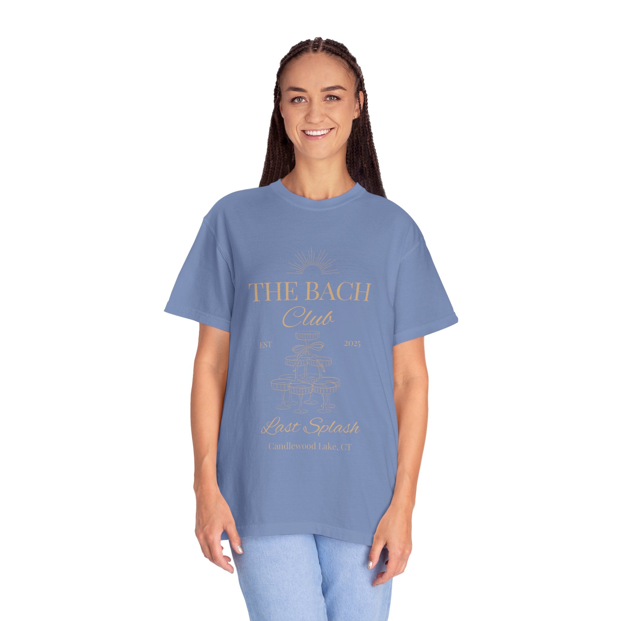 Matching "The Bach Club-Last Splash- Candlewood Lake" -In Beige Writing- Choose a Color Shirt- Perfect for Bachelorette and Wedding Parties- Unisex Vacation Top, Sailor Humor Apparel