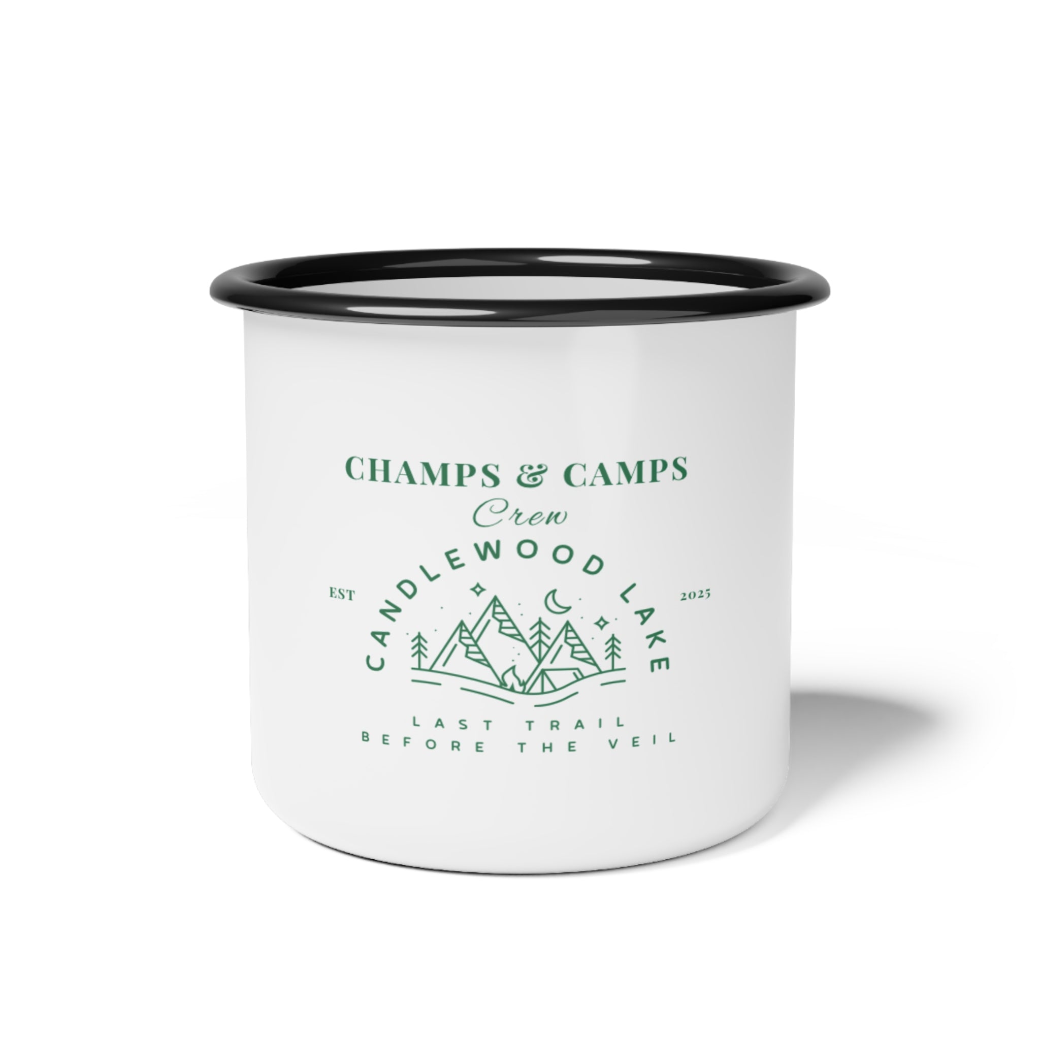 “Champs & Camps” in green -Camping Enamel Mug, Vintage Camp Cup, Outdoor Adventure Drinkware, Gift for Nature Lovers, Hiking Coffee Mug, Cozy Campfire Essentials
