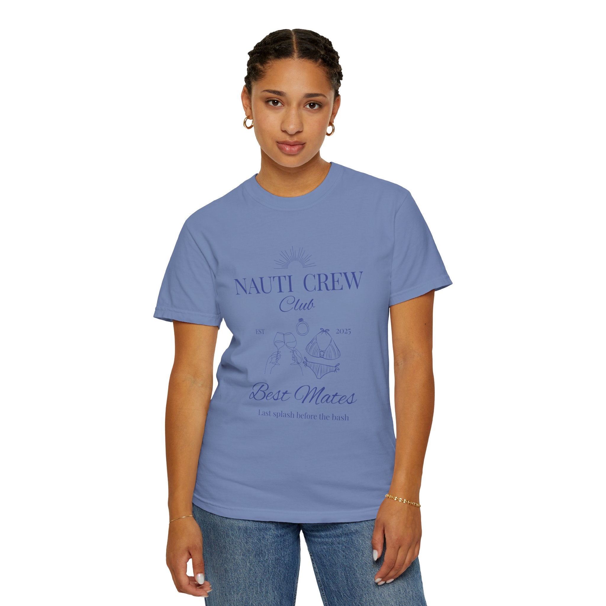 Matching shirt- "Nauti Crew-Best Mates" T-shirt, Unisex Garment-Dyed Tee for Bachelorette and Wedding Parties by the Lake-Perfect for Summer Vacations, Boating Trips, Family Gatherings