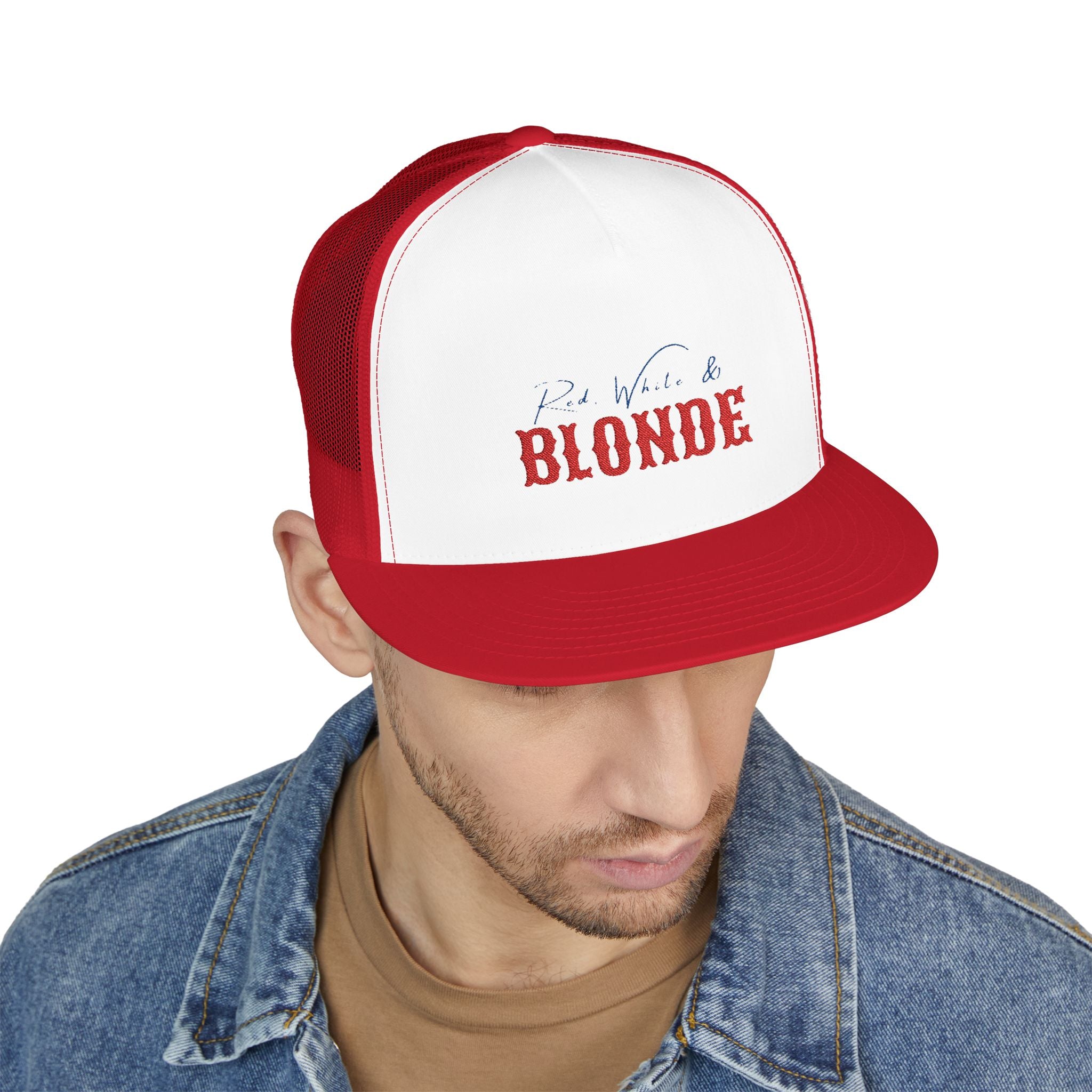 "Red, White & Blonde" -Stylish 5 Panel Trucker Cap with Embroidery, Perfect for Casual Outfits, Summer Festivals, Gifts for Friends, Birthday Parties, [...]