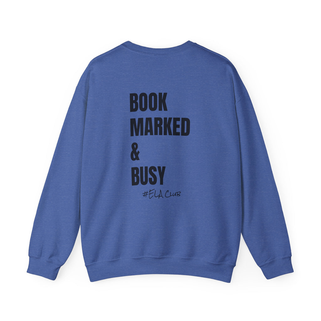 Adult-ELA Teacher Crew Neck " Grammer Guru" (Front)  "Bookmarked & Busy #ELA Club" (Back) -Crewneck Sweatshirt, Cozy Fall Apparel, Unisex Gift, Casual Style, September Vibes, Seasonal Fashion