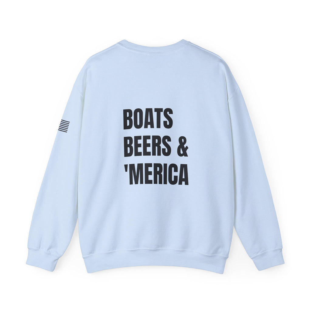 Adult- "'Merica" (Front) "Boats Beers & America" (Back)- Unisex Crewneck Sweatshirt, Fourth of July, Summer Boat Days