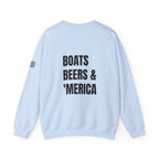 Adult- "'Merica" (Front) "Boats Beers & America" (Back)- Unisex Crewneck Sweatshirt, Fourth of July, Summer Boat Days
