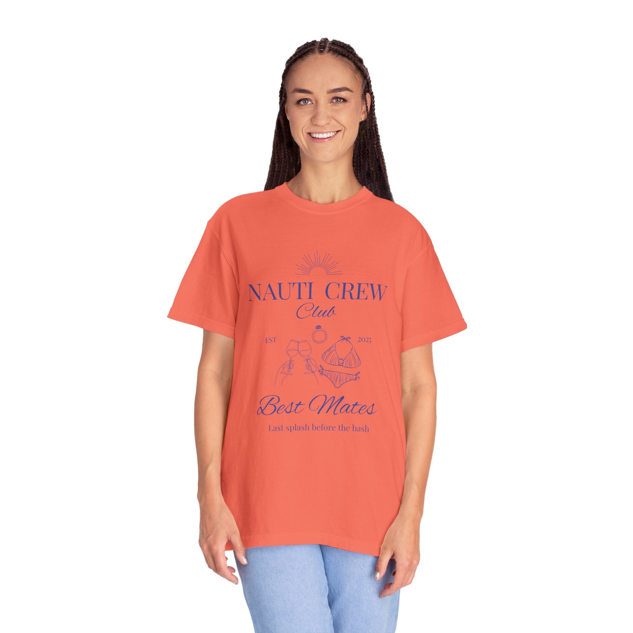 Matching shirt- "Nauti Crew-Best Mates" T-shirt, Unisex Garment-Dyed Tee for Bachelorette and Wedding Parties by the Lake-Perfect for Summer Vacations, Boating Trips, Family Gatherings