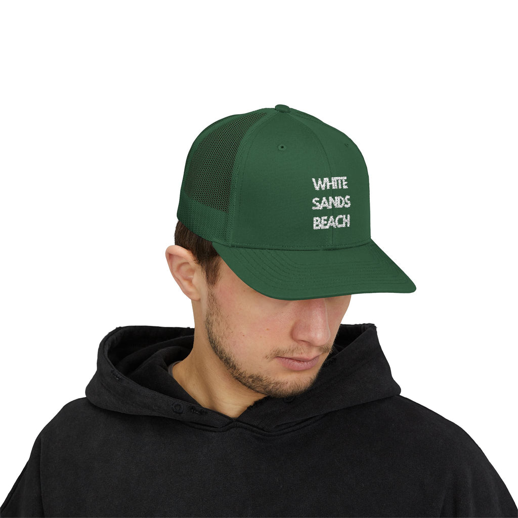 "White Sands Beach" - Snapback Trucker Cap - Perfect for Summer, Vacation, or Outdoor Events, Casual Style, Unisex Accessories, Gift Idea