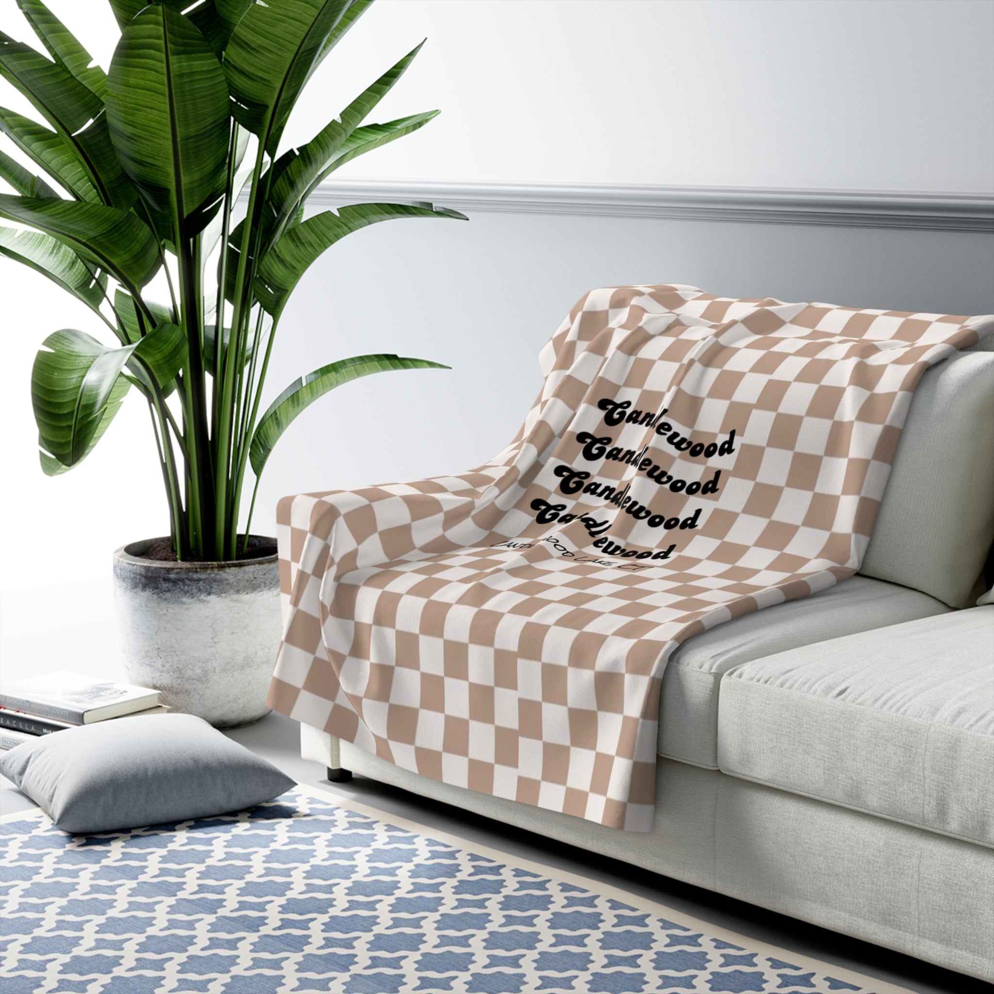 Cozy Lake House Sherpa Fleece Blanket- "Candlewood Lake, CT"-Beige Checkered- Soft Throw for Home, Perfect for Gift, Ocean Decor, Summer Vibes, Checkered Design