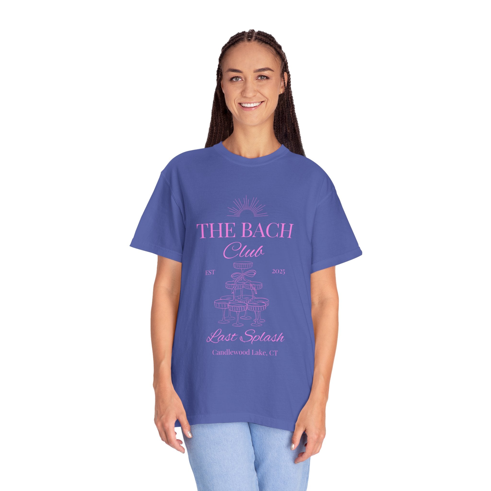 Matching "The Bach Club -Last Splash- Candlewood Lake" -T-Shirt in Pink Writing- Choose a Color- Perfect for Bachelorette and Wedding Parties- Unisex Vacation Top, Sailor Humor Apparel