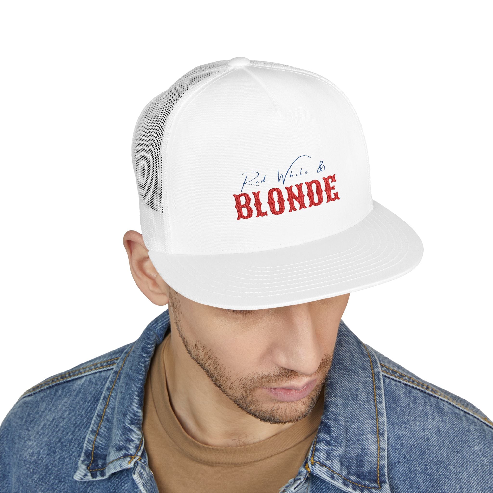 "Red, White & Blonde" -Stylish 5 Panel Trucker Cap with Embroidery, Perfect for Casual Outfits, Summer Festivals, Gifts for Friends, Birthday Parties, [...]