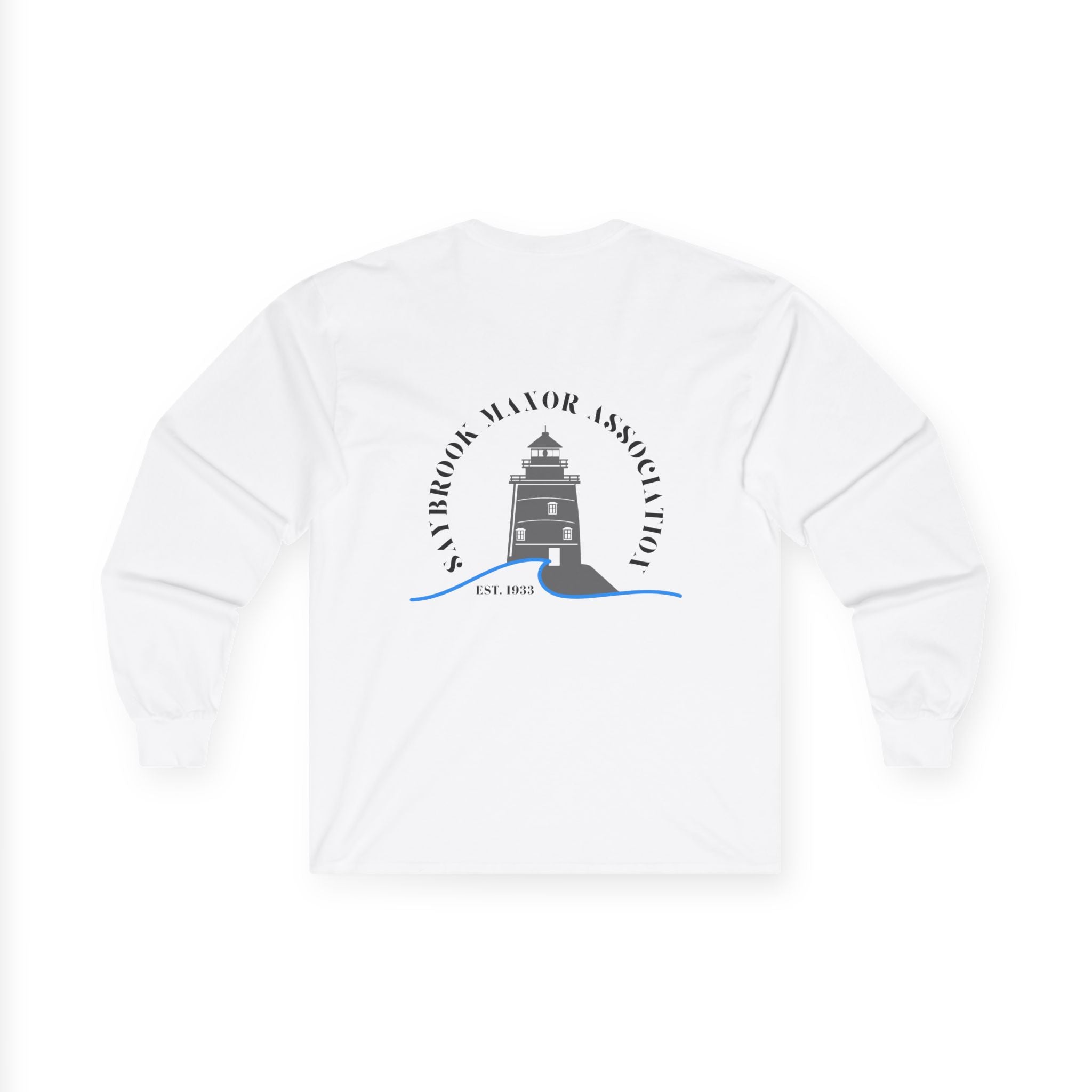 Old Saybrook Long Sleeve Tee With Light House on Back- Black Writing
