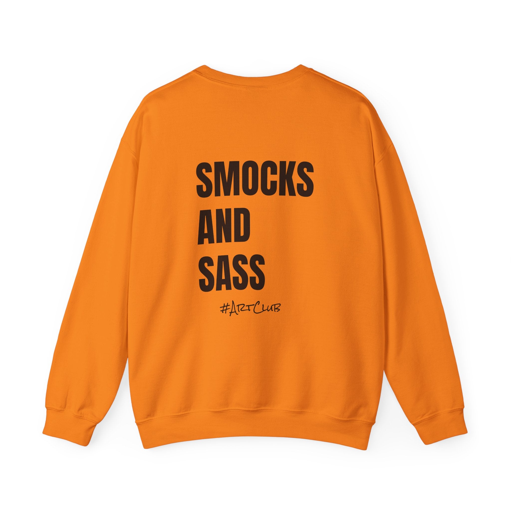 Adult- Art Teacher Crew Neck "Creativity Is Contagious" (Front)- "Smocks And Sass #ArtClub" (Back) -Crewneck Sweatshirt, Cozy Fall Apparel, Unisex Gift, Casual Style, September Vibes, Seasonal Fashion