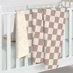 Cozy Lake House Sherpa Fleece Blanket- "Candlewood Lake, CT"-Beige Checkered- Soft Throw for Home, Perfect for Gift, Ocean Decor, Summer Vibes, Checkered Design