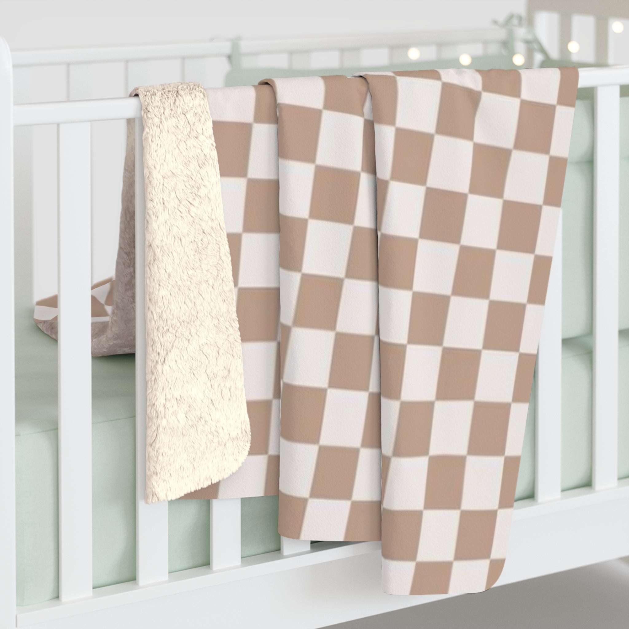 Cozy Lake House Sherpa Fleece Blanket- "Candlewood Lake, CT"-Beige Checkered- Soft Throw for Home, Perfect for Gift, Ocean Decor, Summer Vibes, Checkered Design
