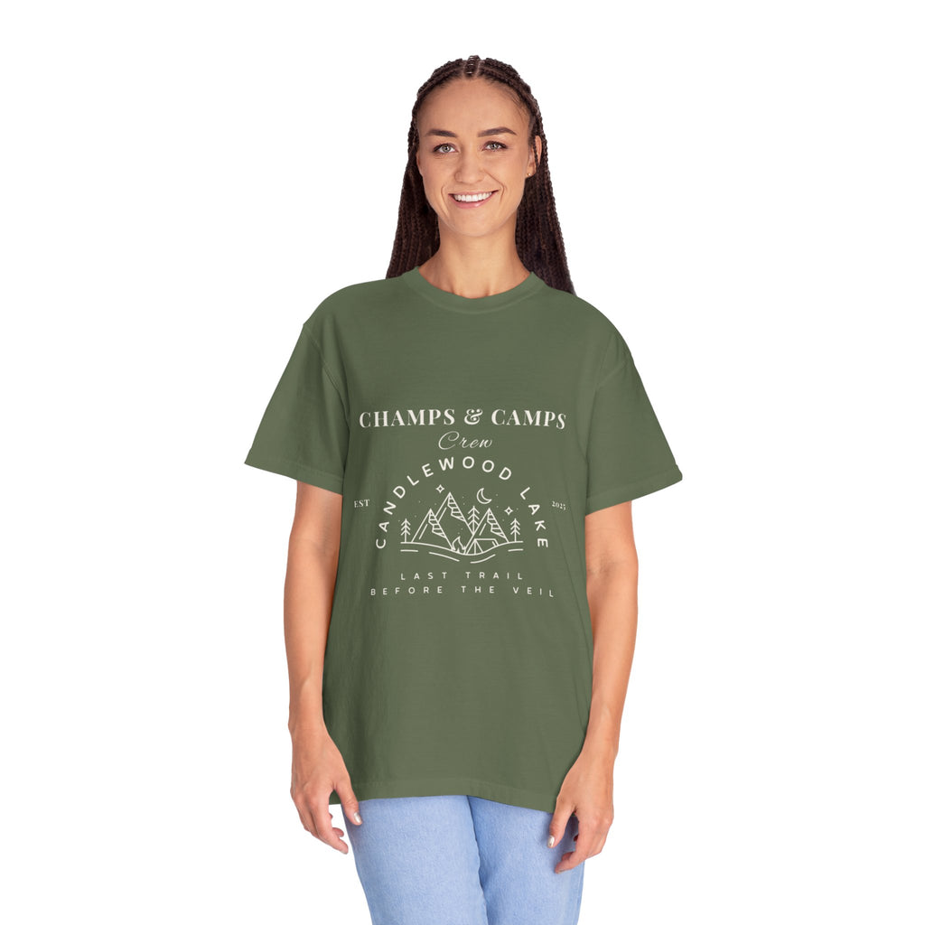 "Champs & Camps" -Camp Themed Bachelorette or Wedding Tee,  Bride Shirt, Last Trail Before The Veil, Bachelorette Party Gift, Summer Vacation Wear, [...]