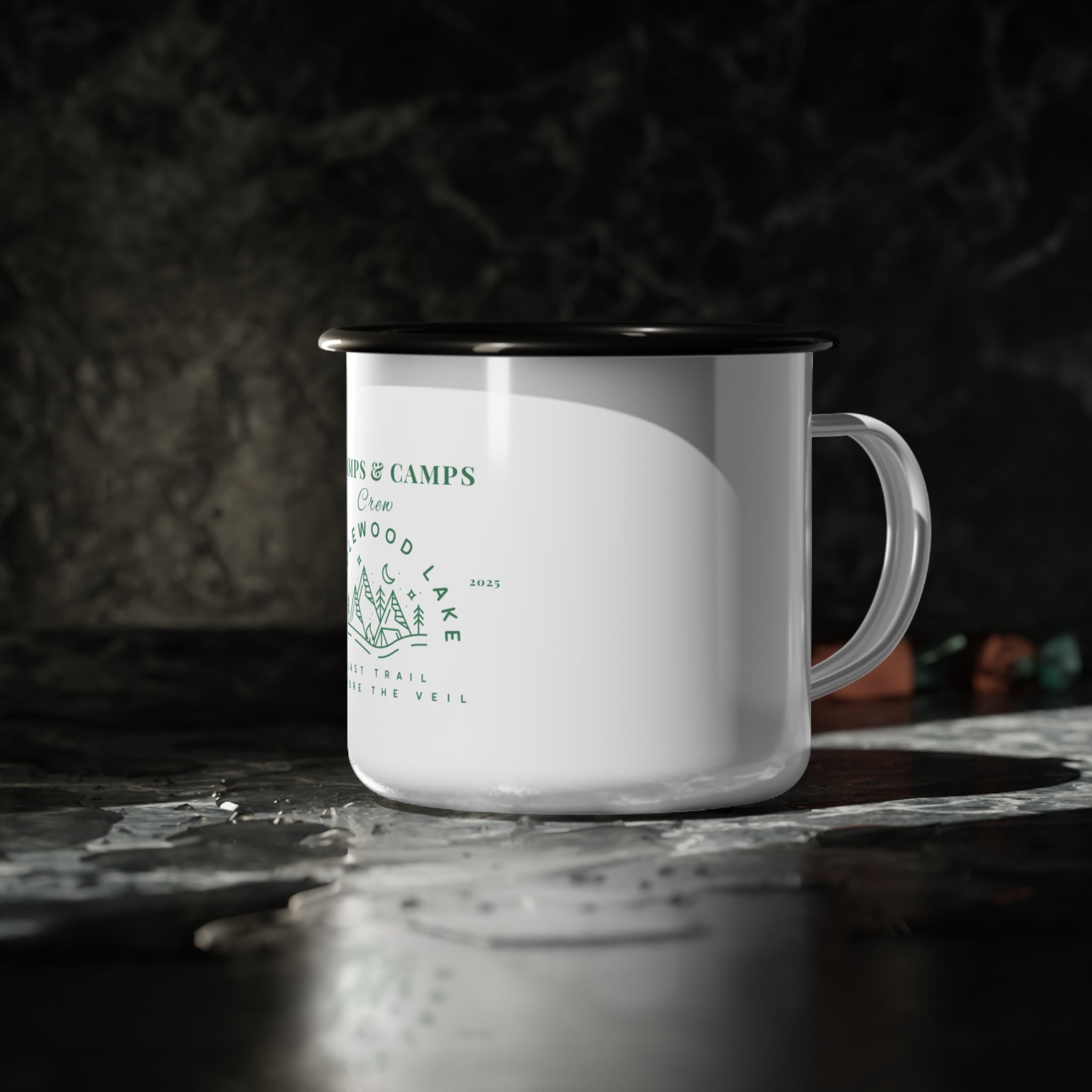 “Champs & Camps” in green -Camping Enamel Mug, Vintage Camp Cup, Outdoor Adventure Drinkware, Gift for Nature Lovers, Hiking Coffee Mug, Cozy Campfire Essentials