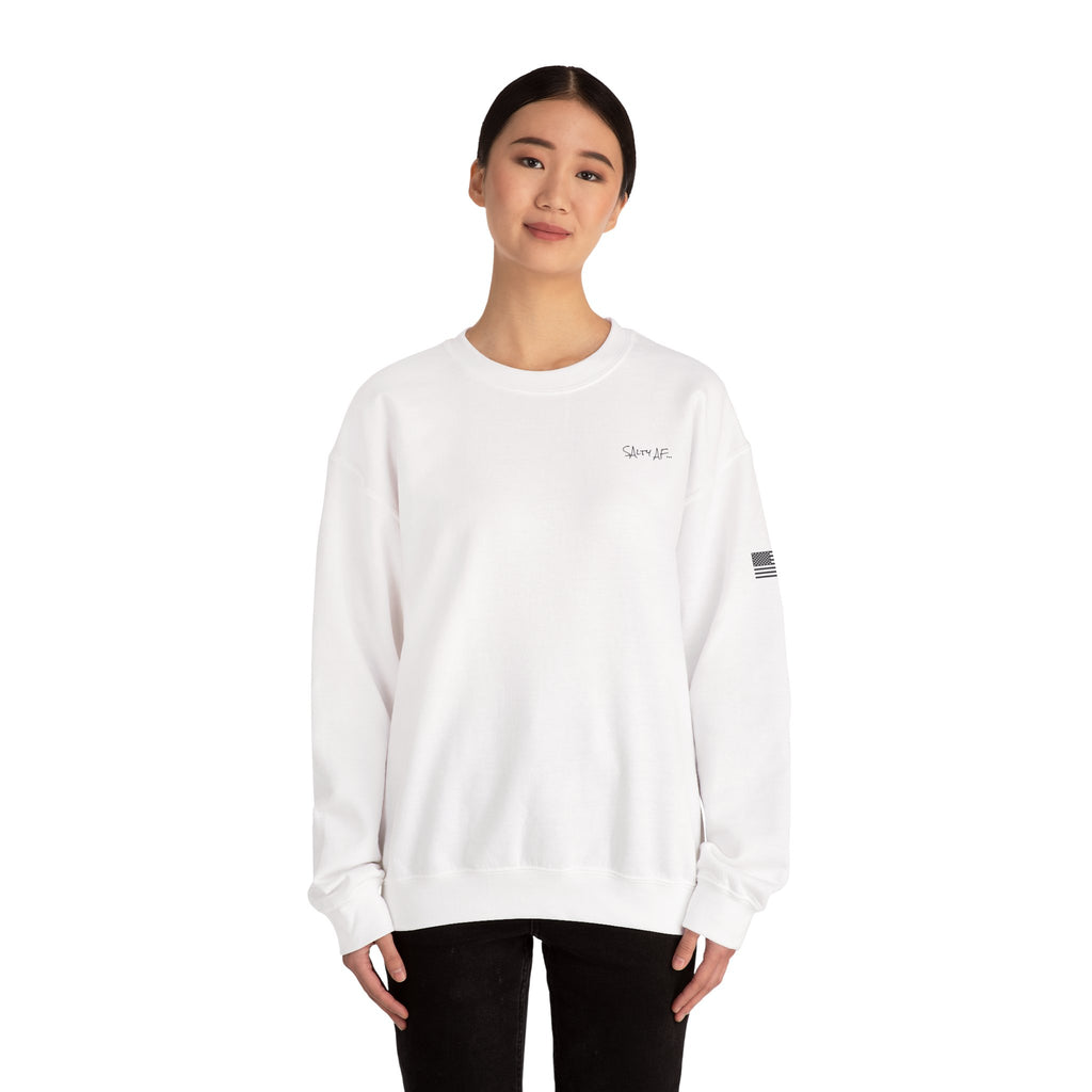 Adult- "Salty AF..." (Front) "White Sands Beach -Old Lyme, CT" (Back) With Flag on Sleeve- Unisex Crewneck