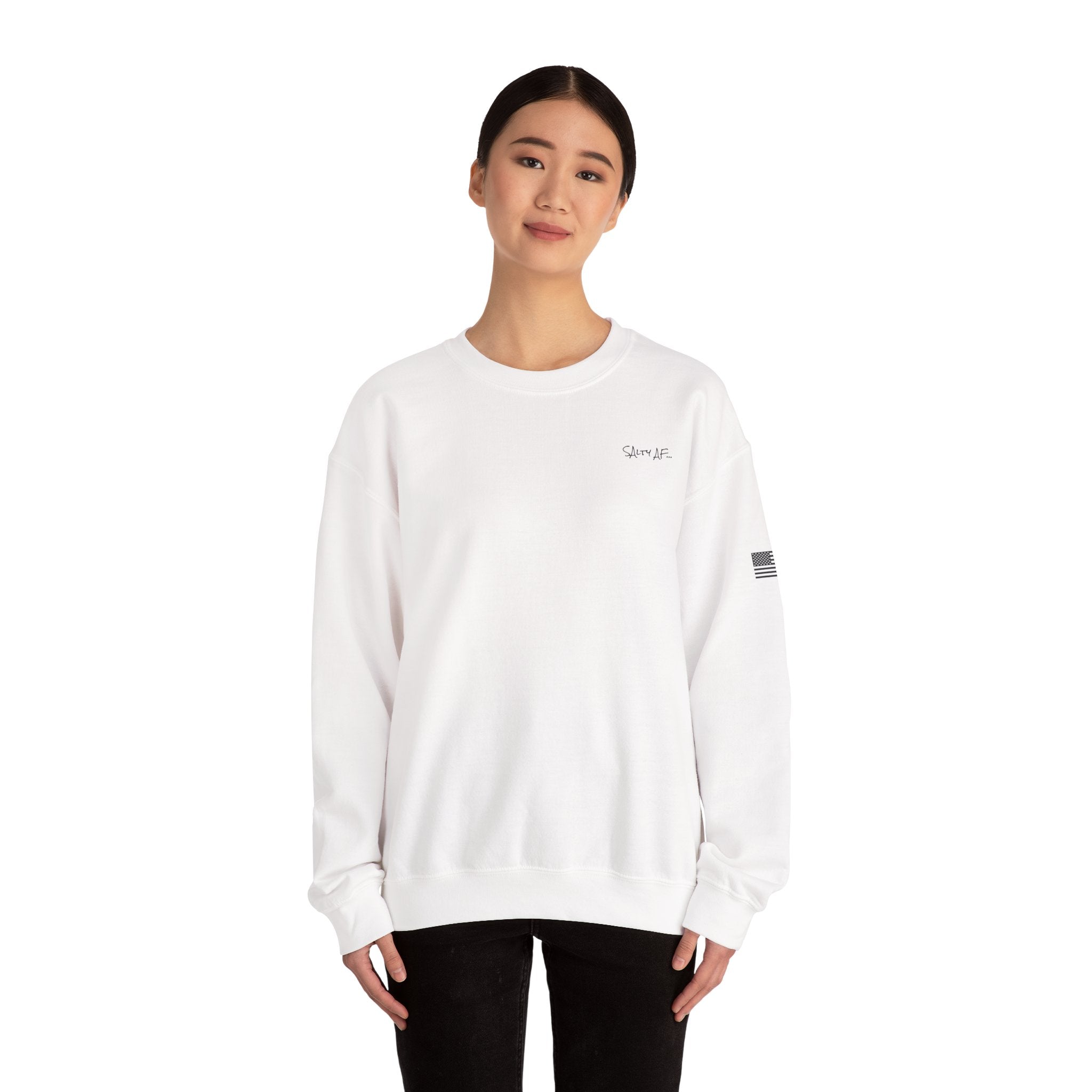 Adult- "Salty AF..." (Front) "White Sands Beach -Old Lyme, CT" (Back) With Flag on Sleeve- Unisex Crewneck